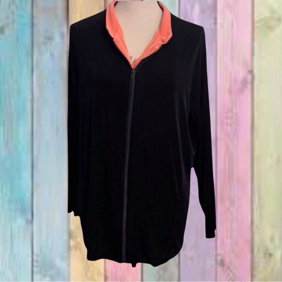 Citi Knit Jackets & Blazers - Citi Knit Black Wrinkle Resistant Zip Up Coral Accent Plus Jacket